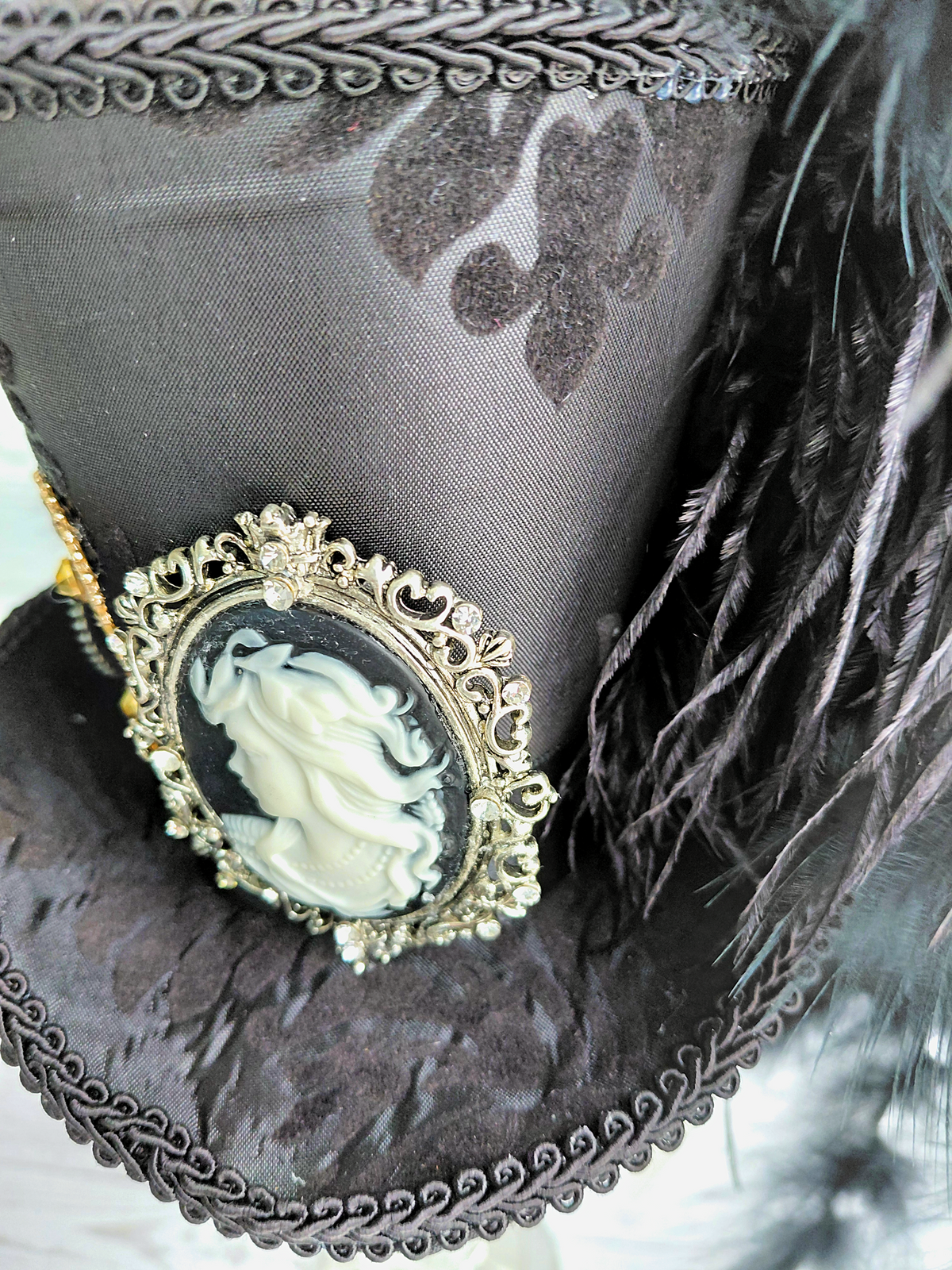 Black Damask Cameo Mini Top Hat