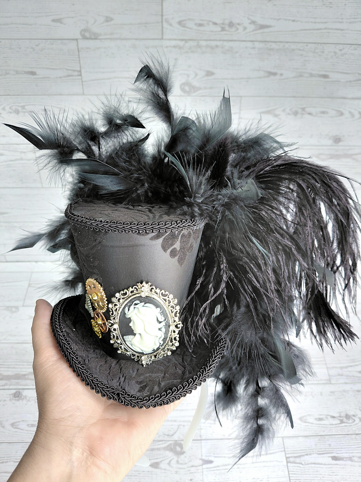 Black Damask Cameo Mini Top Hat