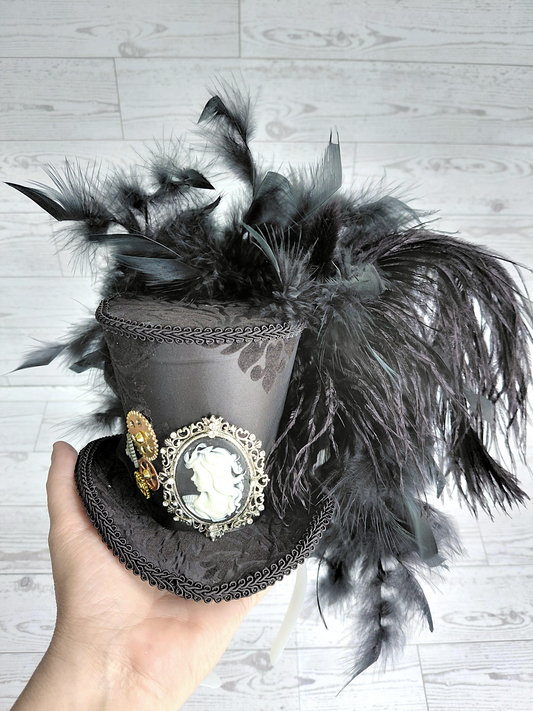 Black Damask Cameo Mini Top Hat