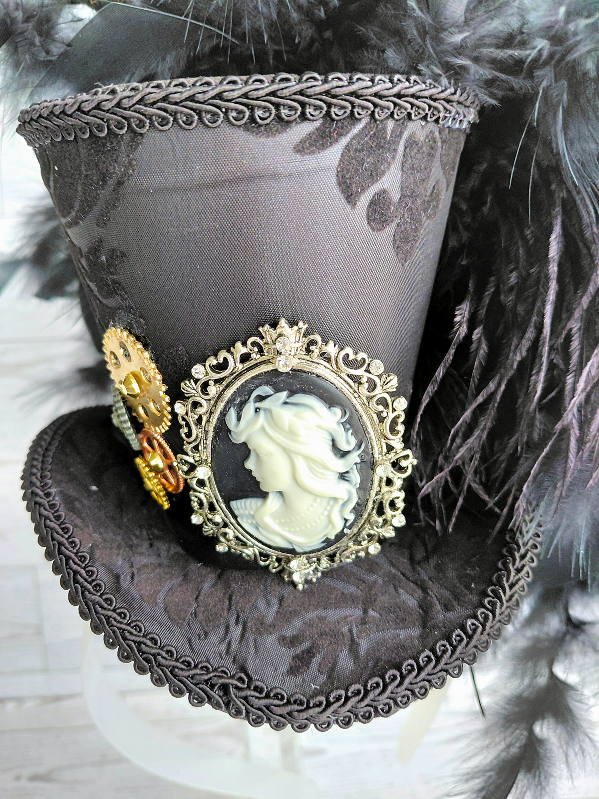 Black Damask Cameo Mini Top Hat