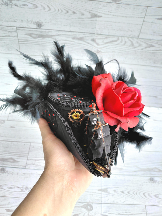 Black Damask Red Rhinestone Mini Tricone Hat