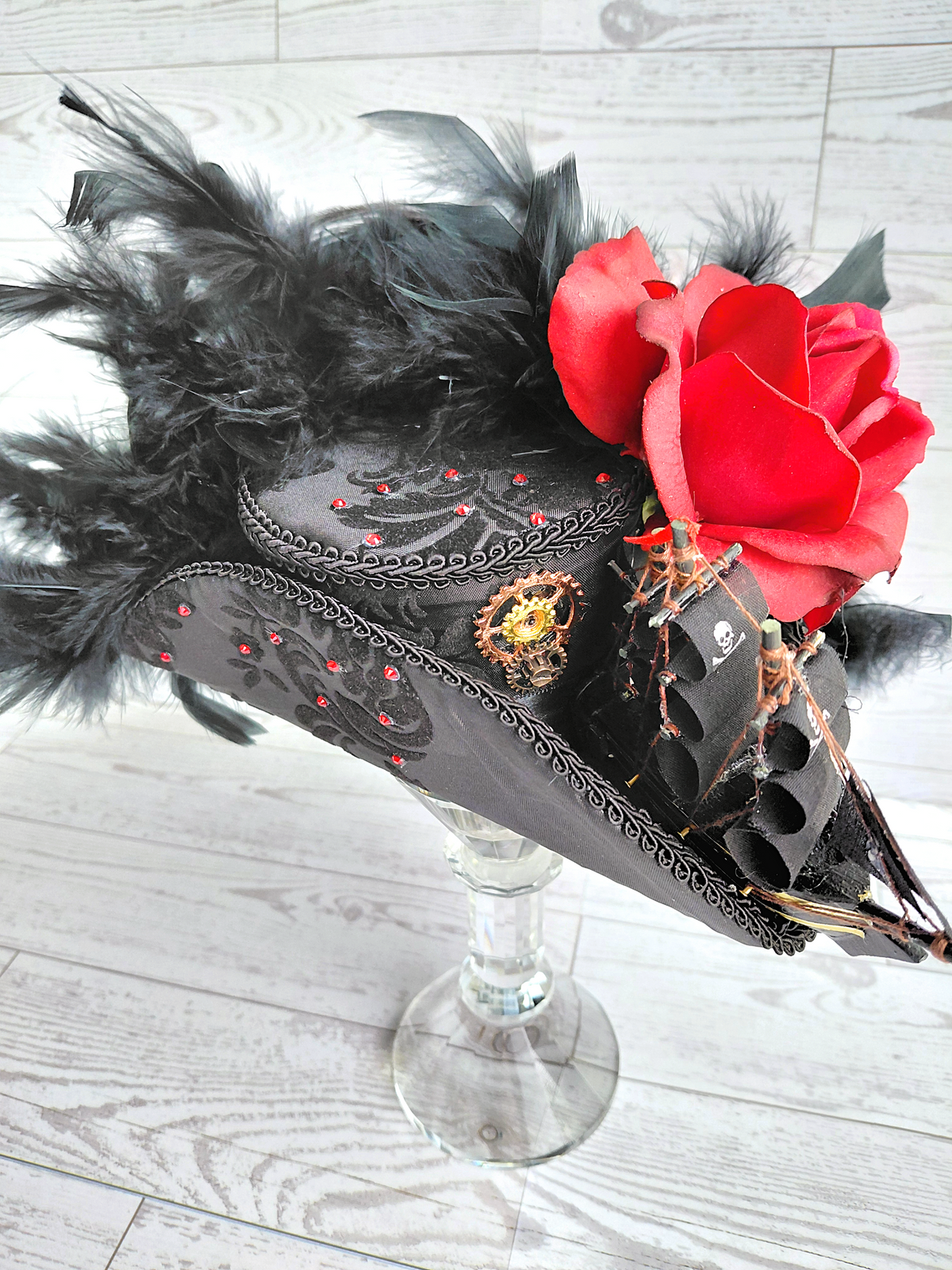 Black Damask Red Rhinestone Mini Tricone Hat