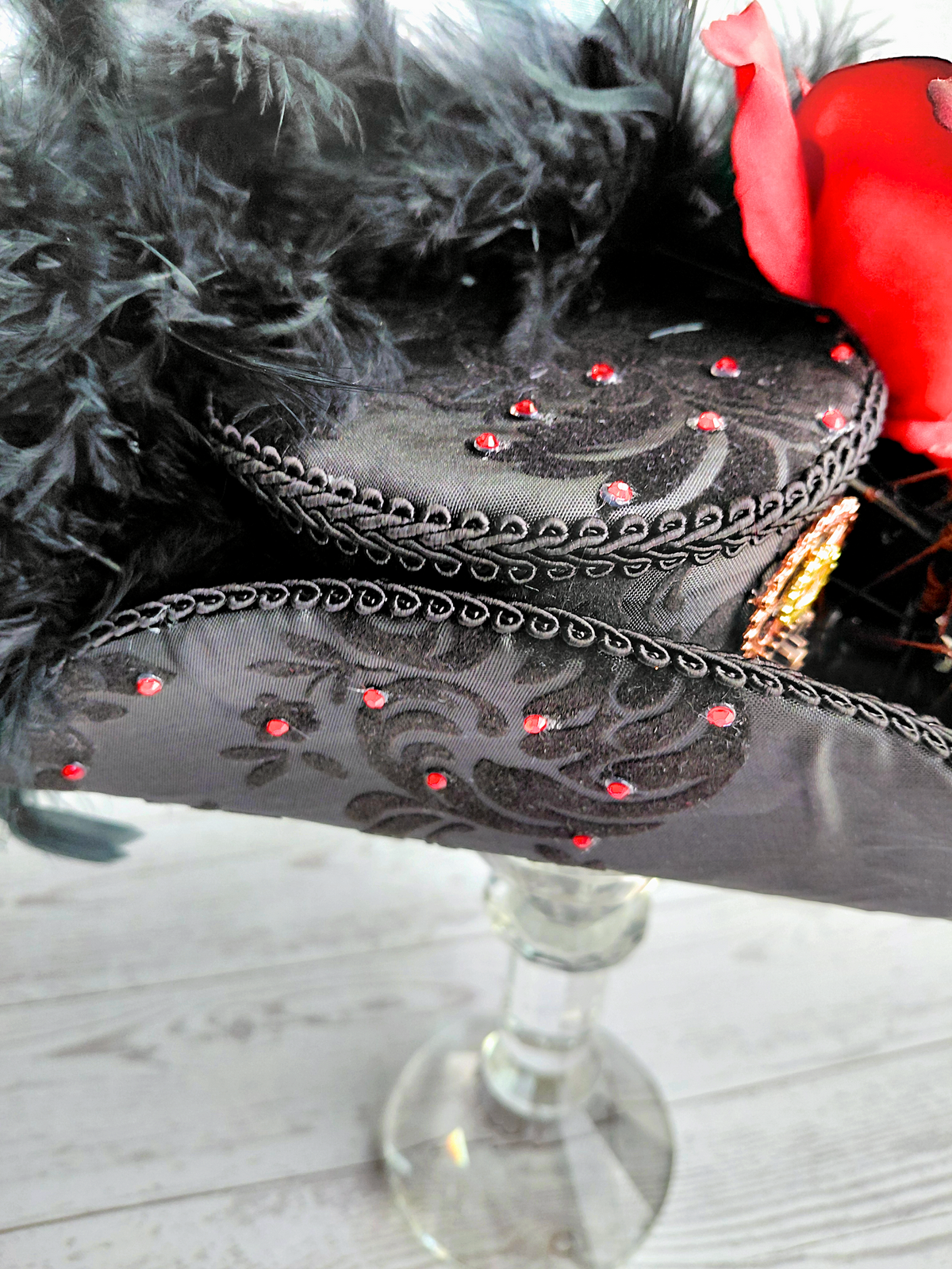 Black Damask Red Rhinestone Mini Tricone Hat