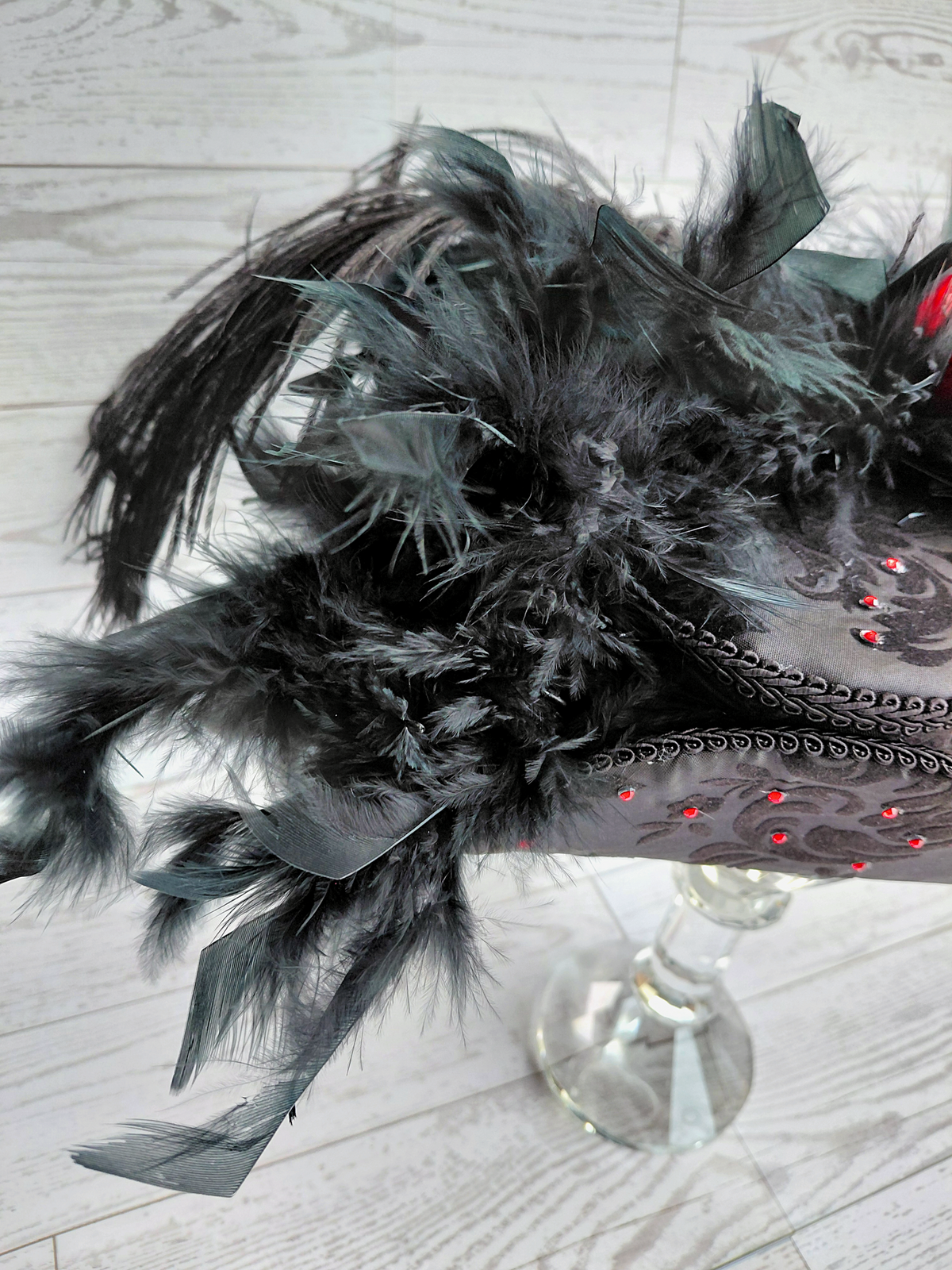Black Damask Red Rhinestone Mini Tricone Hat