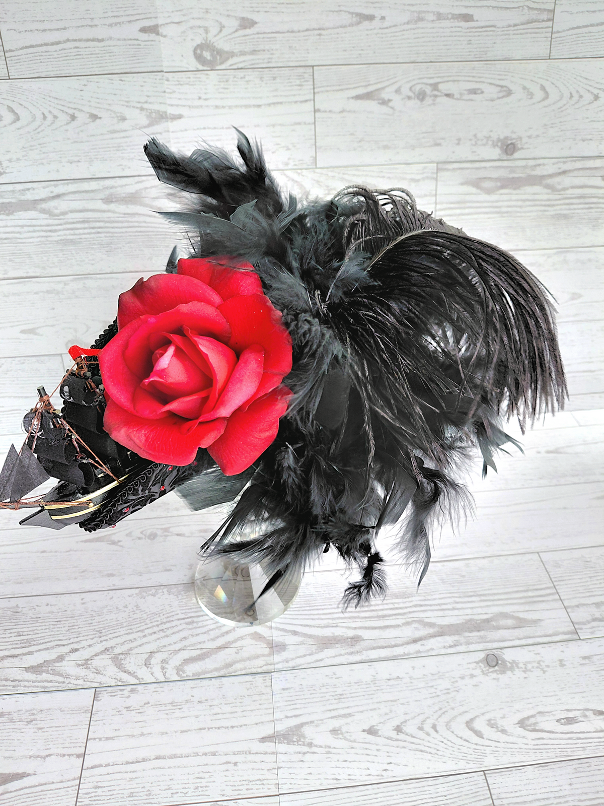 Black Damask Red Rhinestone Mini Tricone Hat
