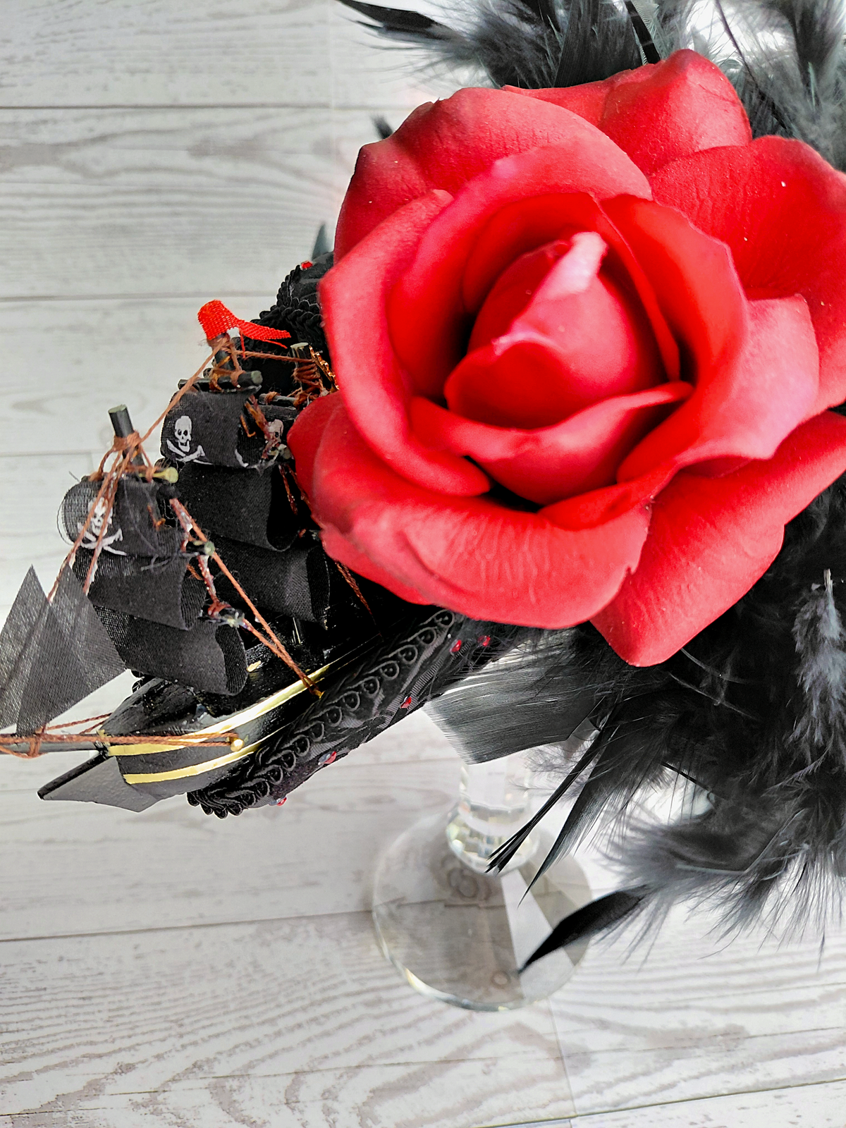 Black Damask Red Rhinestone Mini Tricone Hat