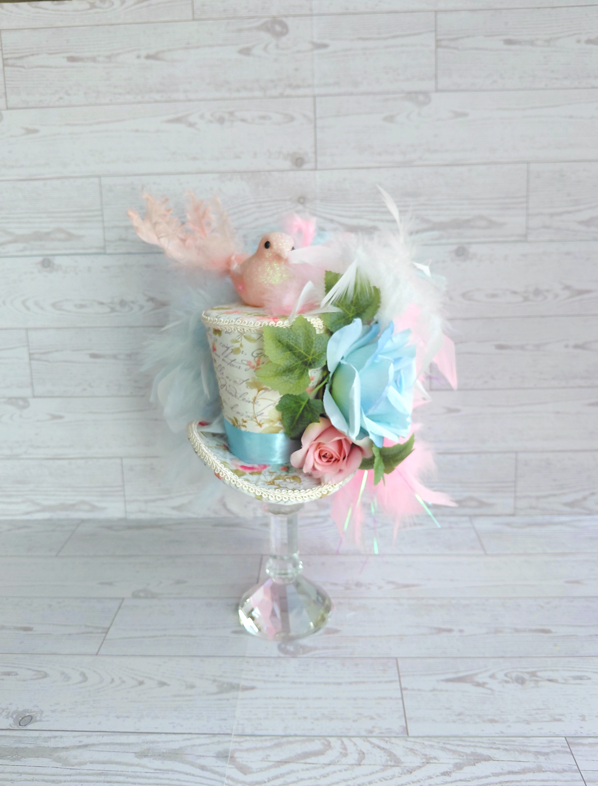 Pink Glitter Bird Blue Floral Mini Top Hat