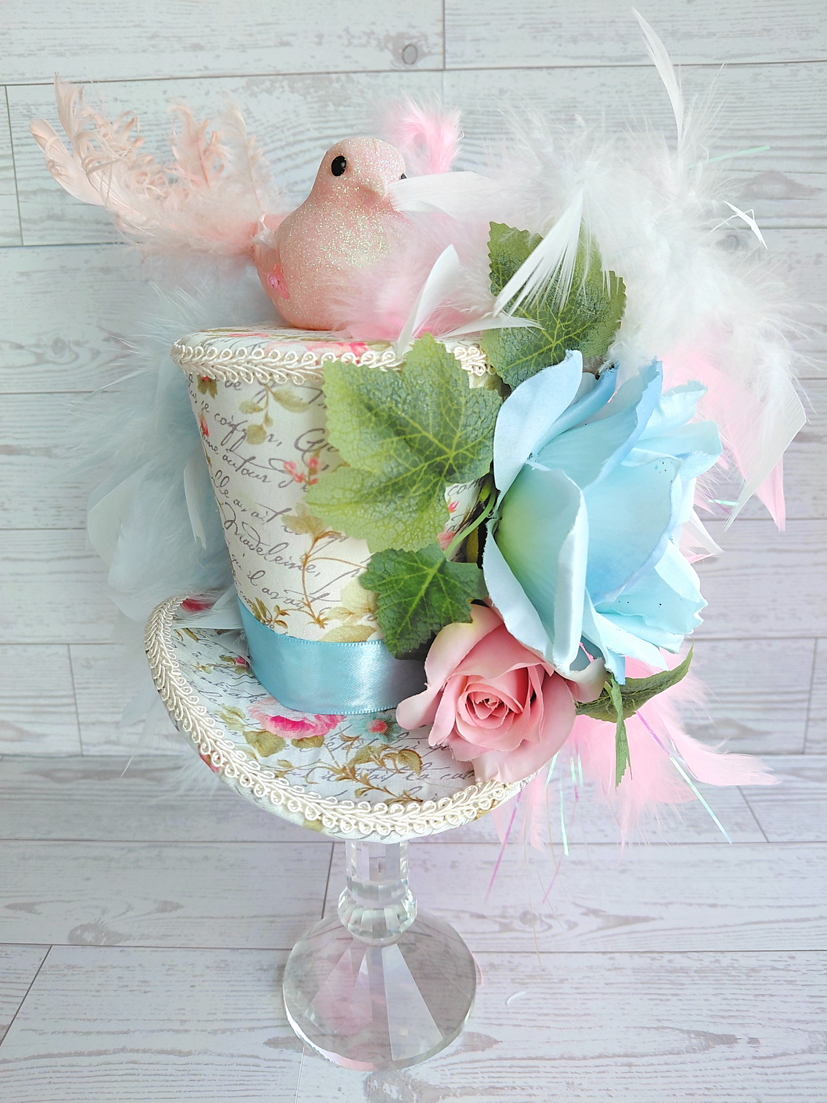 Pink Glitter Bird Blue Floral Mini Top Hat