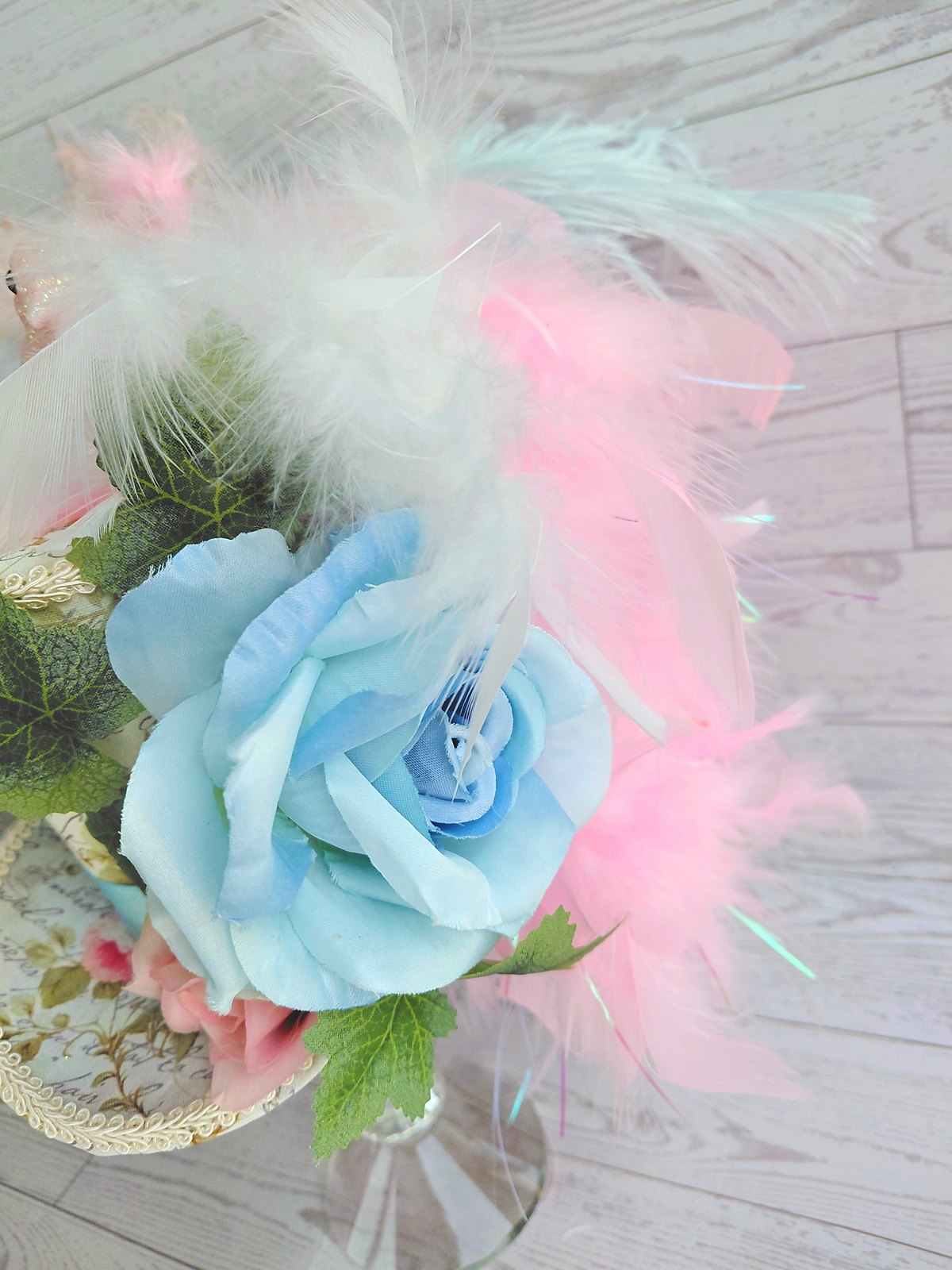 Pink Glitter Bird Blue Floral Mini Top Hat