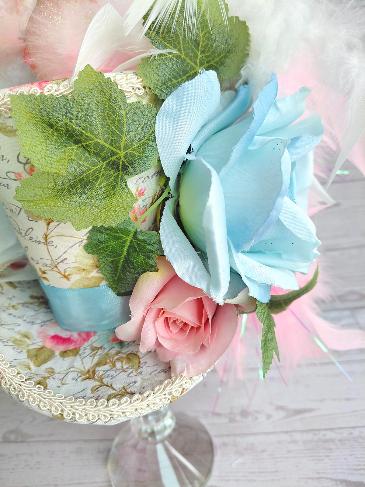 Pink Glitter Bird Blue Floral Mini Top Hat