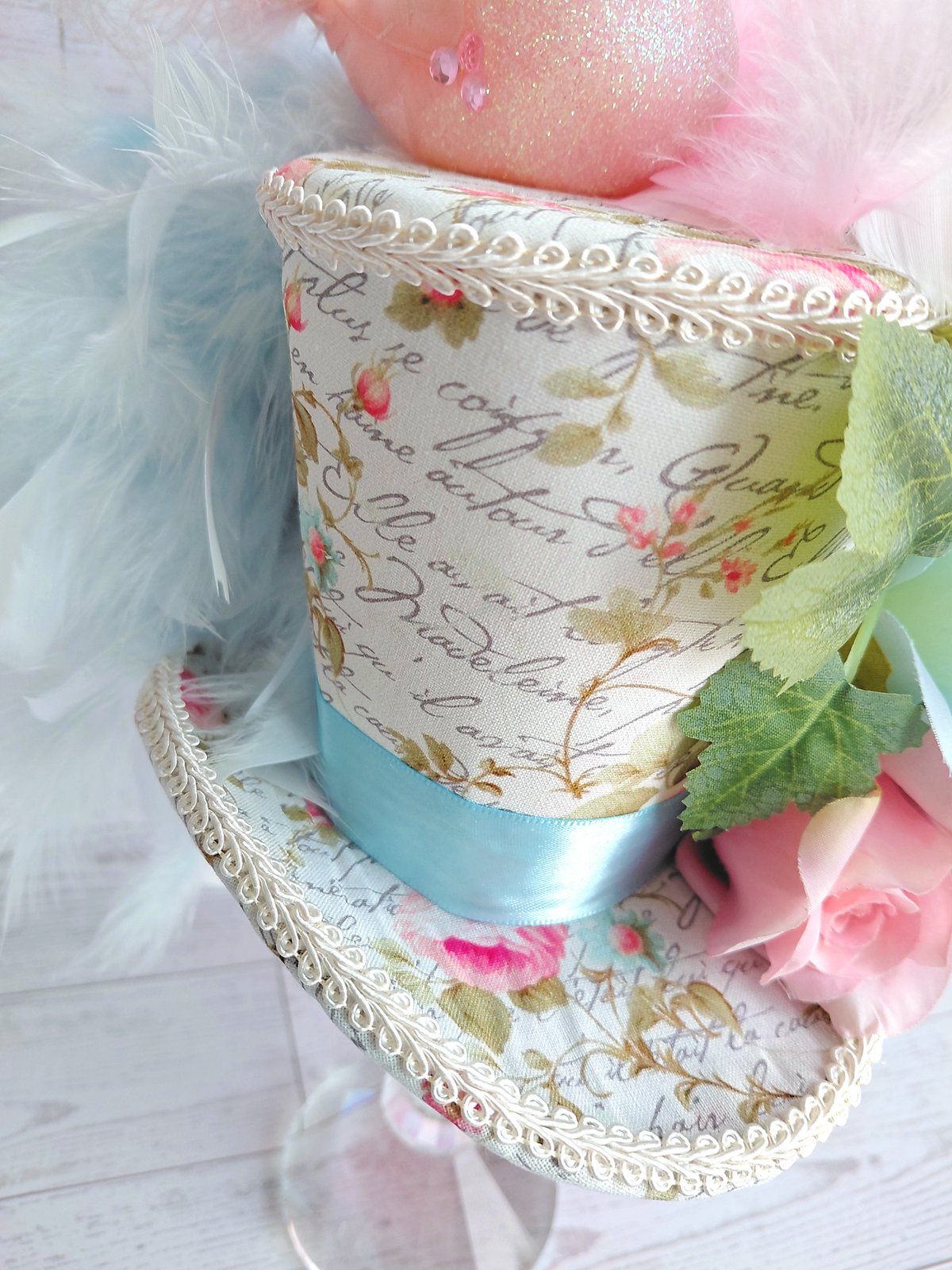Pink Glitter Bird Blue Floral Mini Top Hat