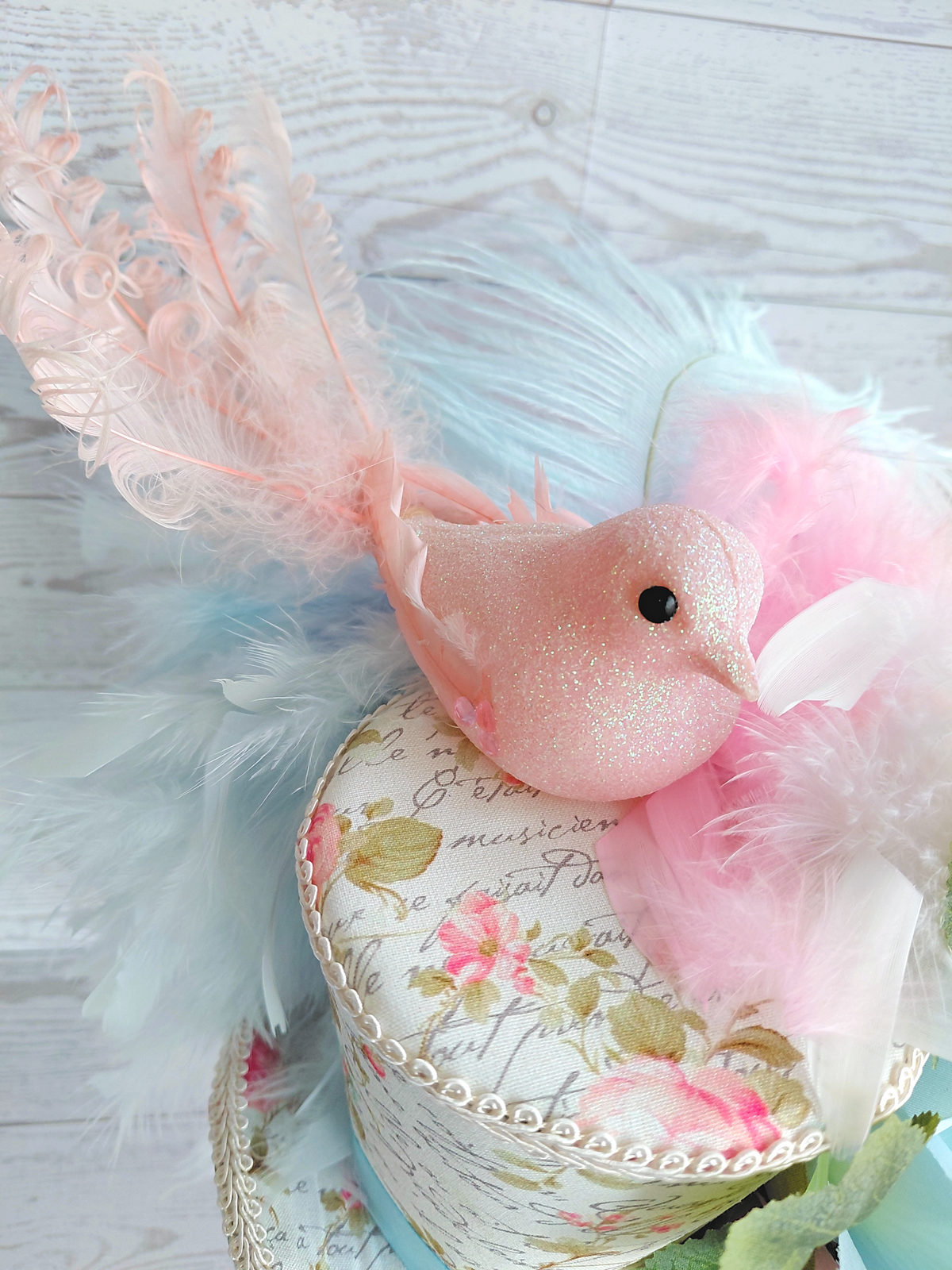 Pink Glitter Bird Blue Floral Mini Top Hat