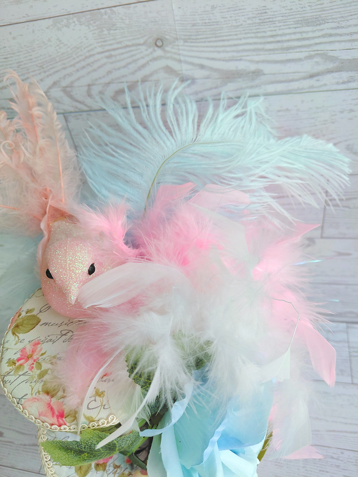 Pink Glitter Bird Blue Floral Mini Top Hat