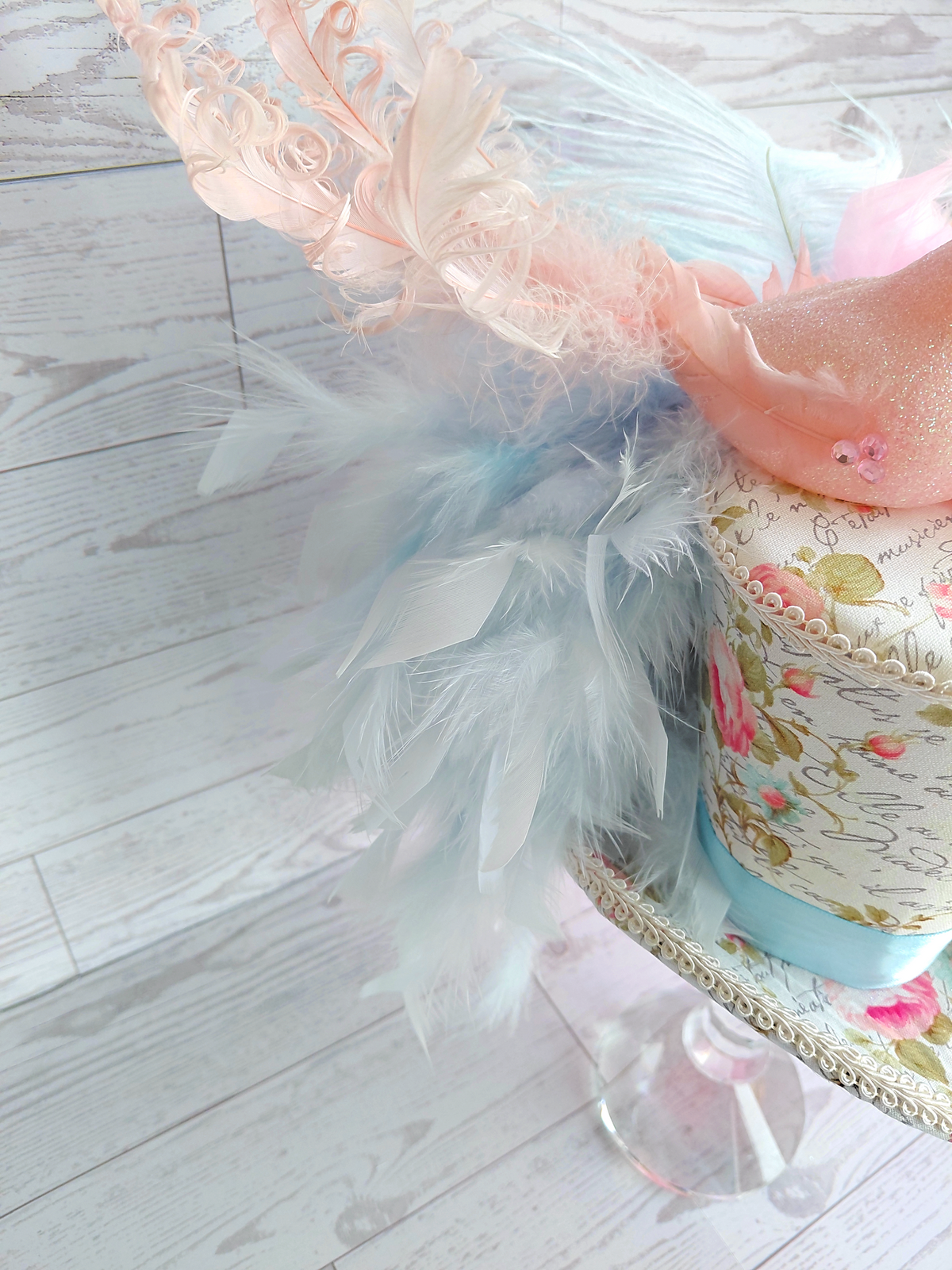 Pink Glitter Bird Blue Floral Mini Top Hat