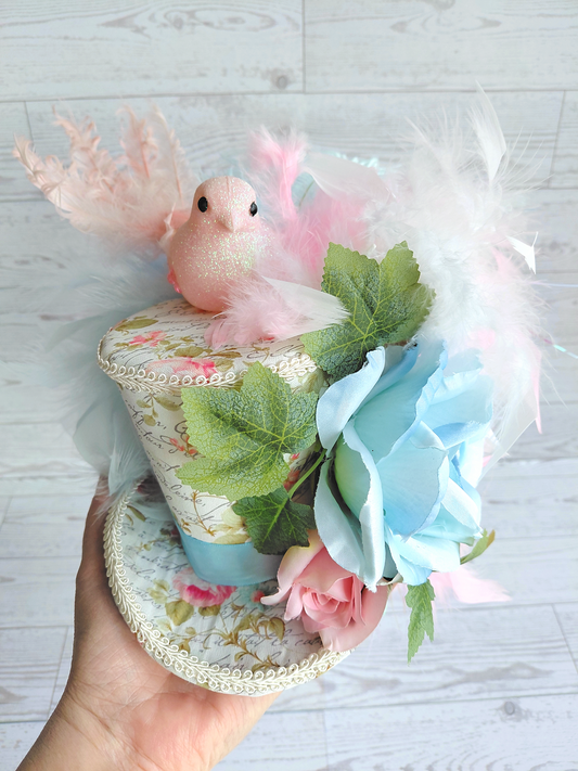 Pink Glitter Bird Blue Floral Mini Top Hat