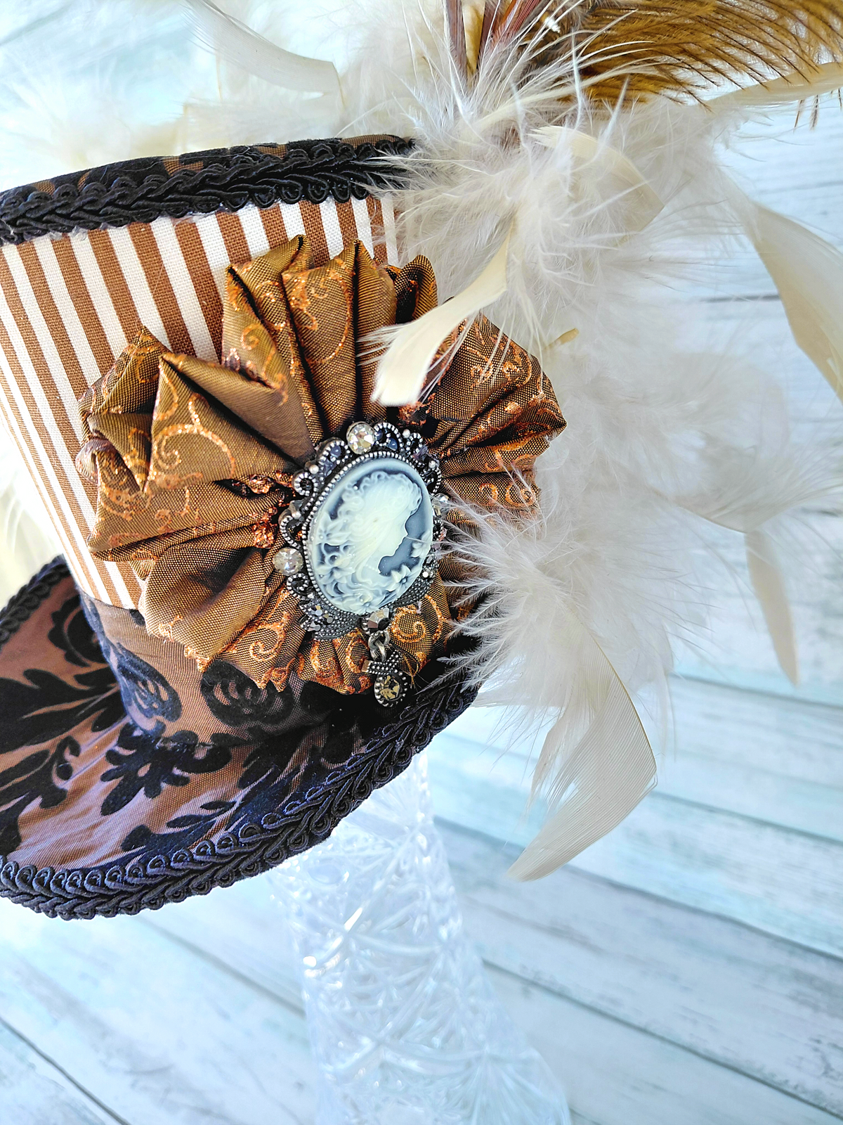Vintage Striped Damask Cameo Mini Top Hat