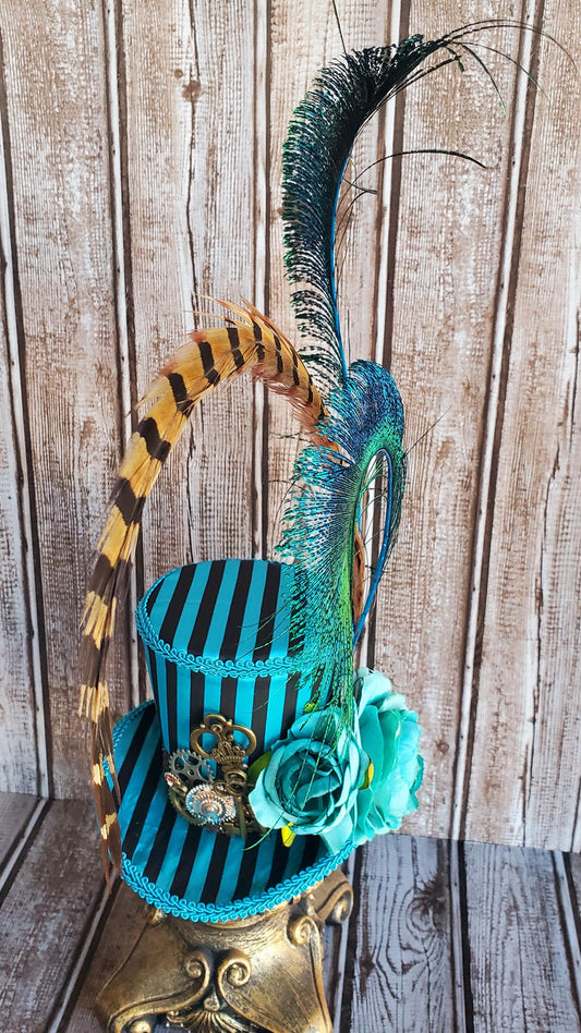 Teal Black Stripe Steampunk Mini Top Hat