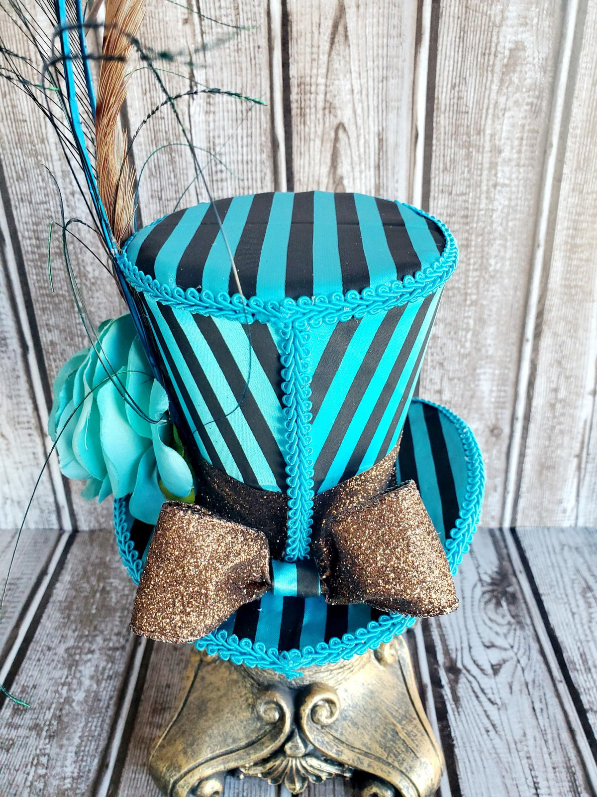 Teal Black Stripe Steampunk Mini Top Hat